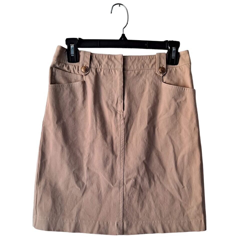 J. McLaughlin Skirt Cotton Blend Gold Button A-Line Pencil Mini Khaki Tan Size 2